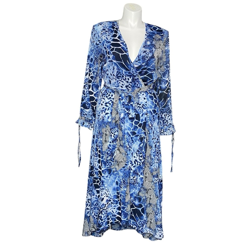 Kendall & Kylie Faux Wrap Maxi Dress Large Belted Blue‎ Animal Print V Neck